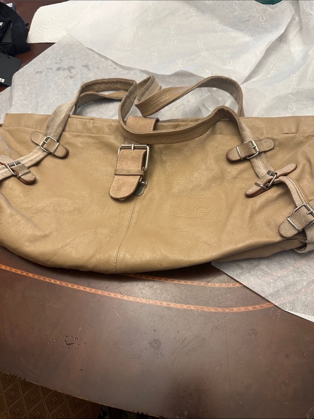 D&G Taupe-Brown Leather Hobo Bag with Buckle Details